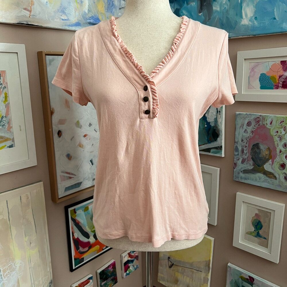 Lauren Ralph Lauren Pink Babydoll Top Ruffle Trim Henley Short Sleeve Preppy M‎